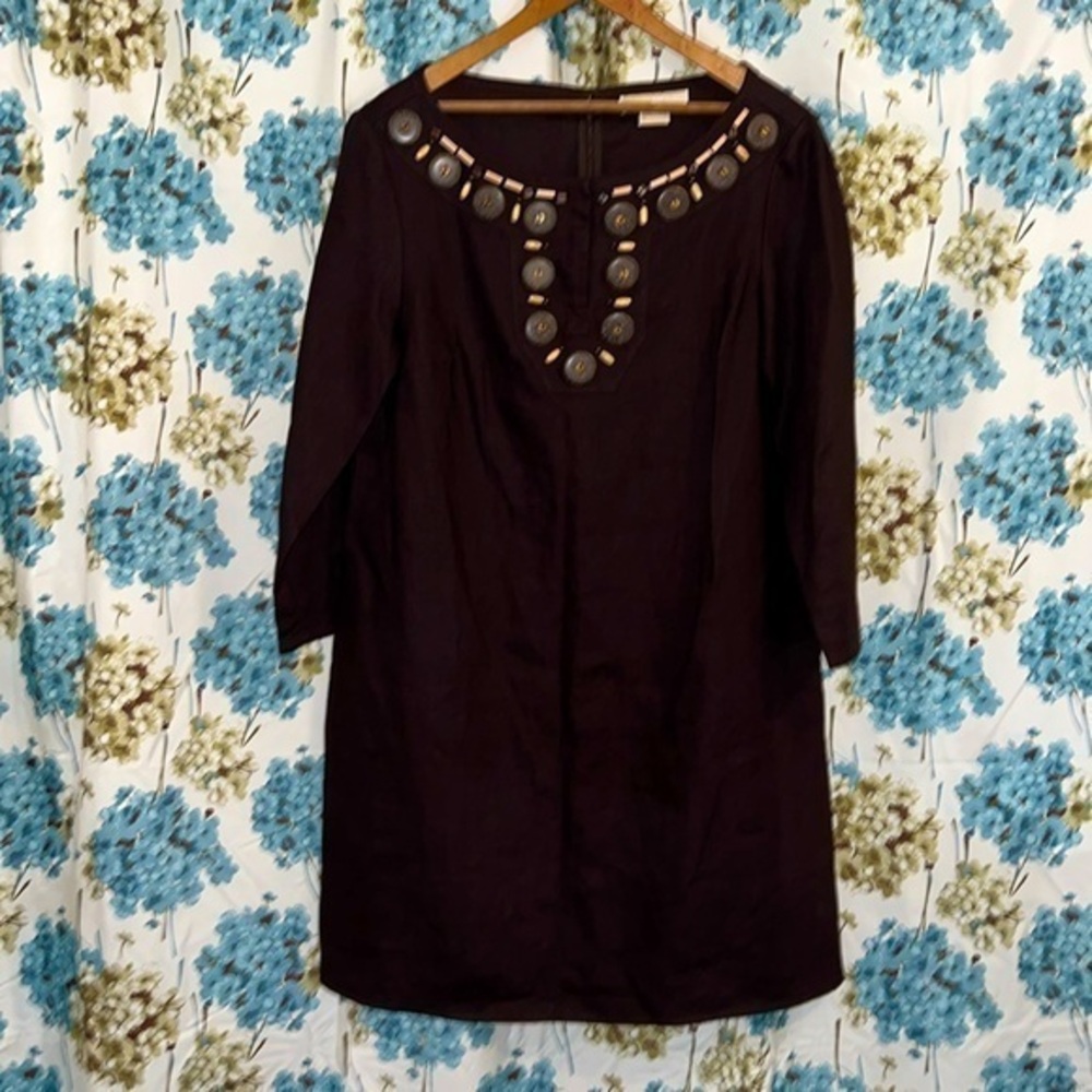 Michael Kors Boho chocolate brown full linen boat neck dress with beads